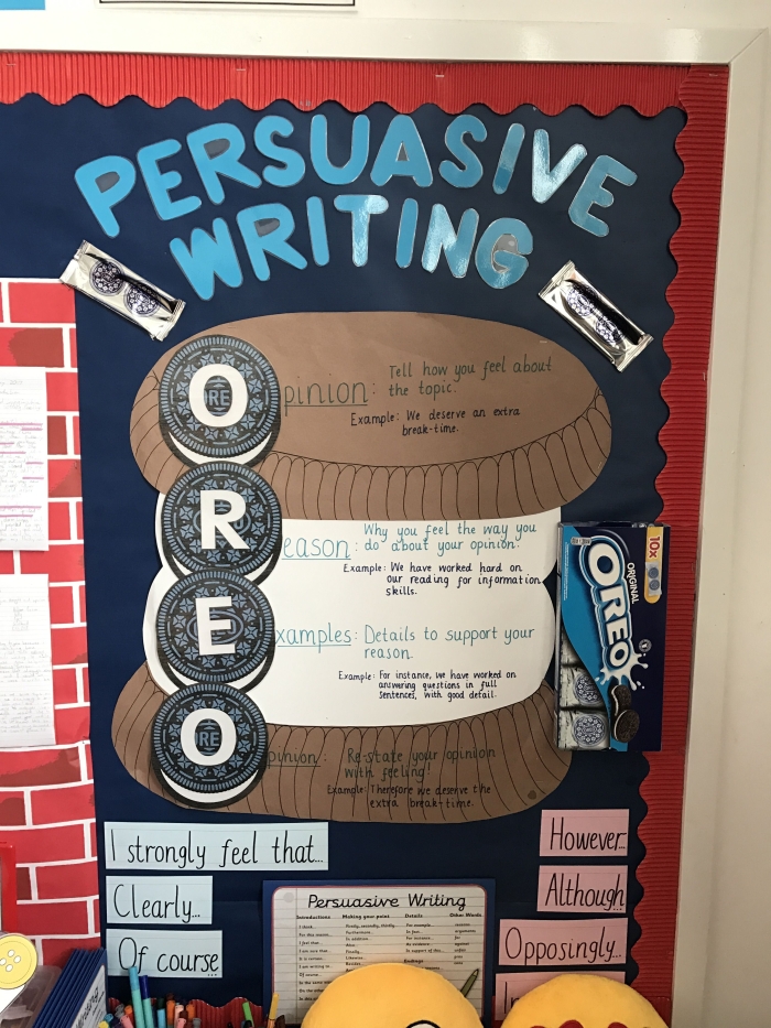 Oreo Cookie Persuasive Writing Exercise for Elementary Grammar Lessons Fourth grade students learning persuasive writing techniques using an Oreo cookie themed worksheet activity
