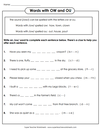 Phonics worksheet for first graders to practice differentiating between OU and OW spellings