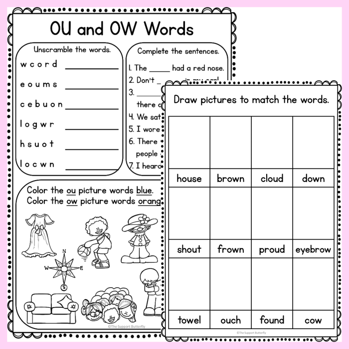 First grade phonics worksheet focusing on distinguishing between OU and OW letter patterns