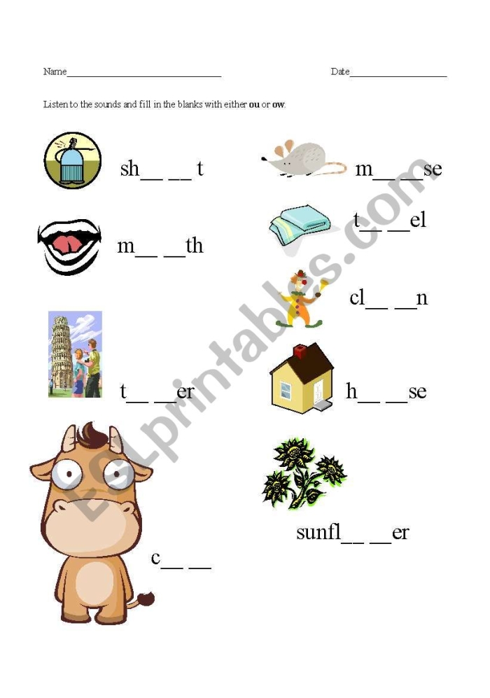 First grade phonics worksheet focusing on the sounds of OU and OW for early readers