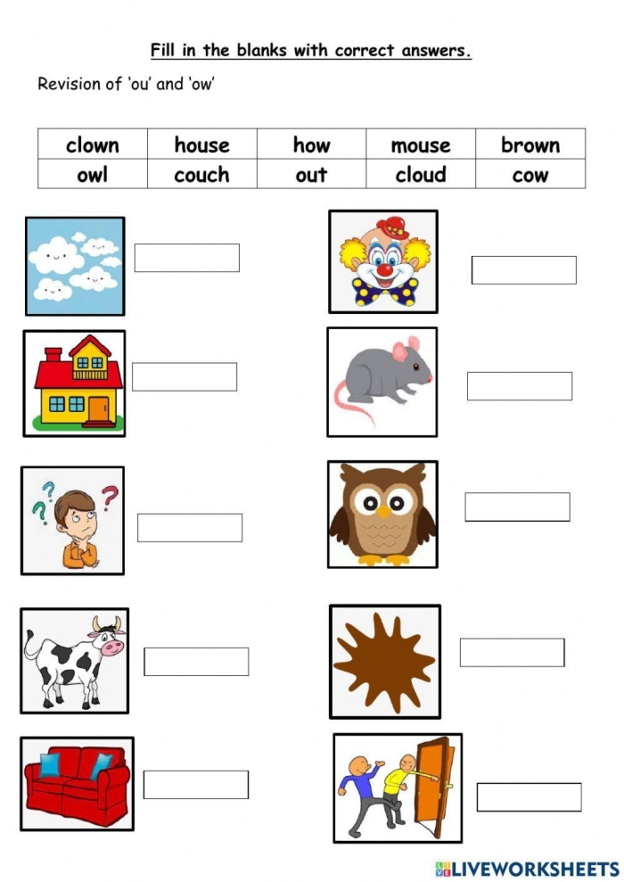 Phonics worksheet for first graders focusing on the sounds of OU and OW