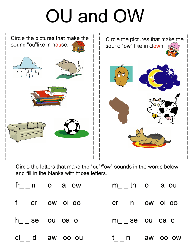 First grade phonics worksheet focusing on distinguishing between OU and OW letter patterns