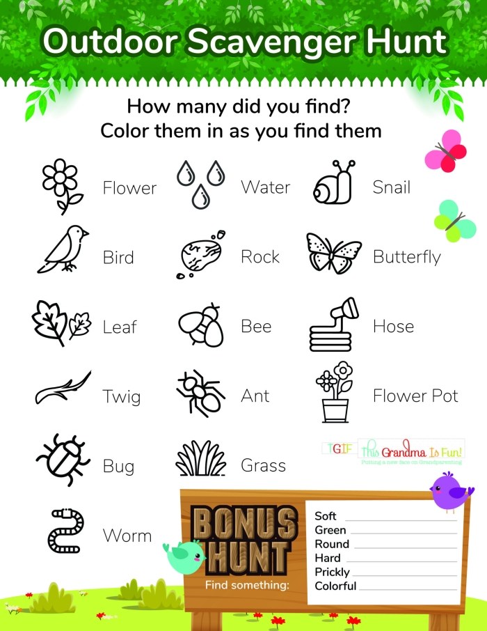 Outdoor Scavenger Hunt Number Theory Worksheet 12 Pre-K students counting items on a colorful outdoor scavenger hunt printable worksheet