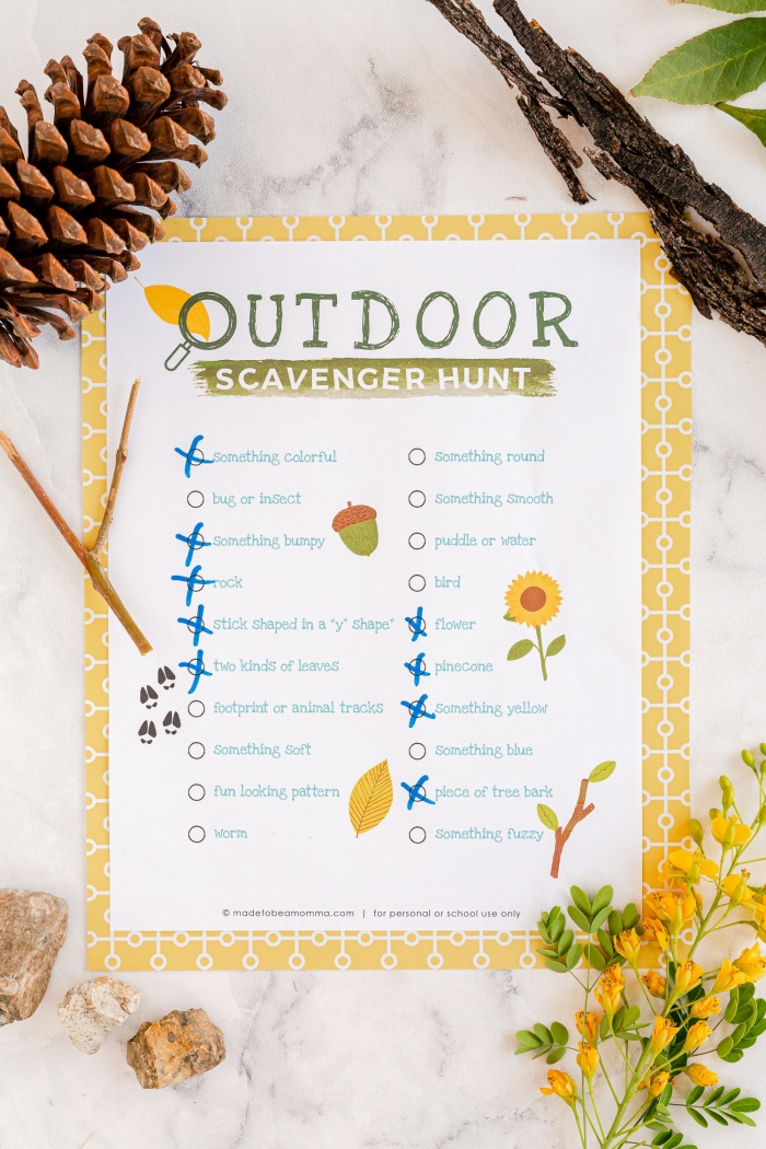 Pre-K Outdoor Scavenger Hunt Math Worksheet Number 6 Colorful outdoor scavenger hunt worksheet for pre-k students to practice counting skills