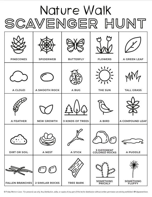 Engaging scavenger hunt activity for young nature enthusiasts in a printable format Colorful Outdoor Scavenger Hunt worksheet designed for Pre-K students to enhance their observation skills