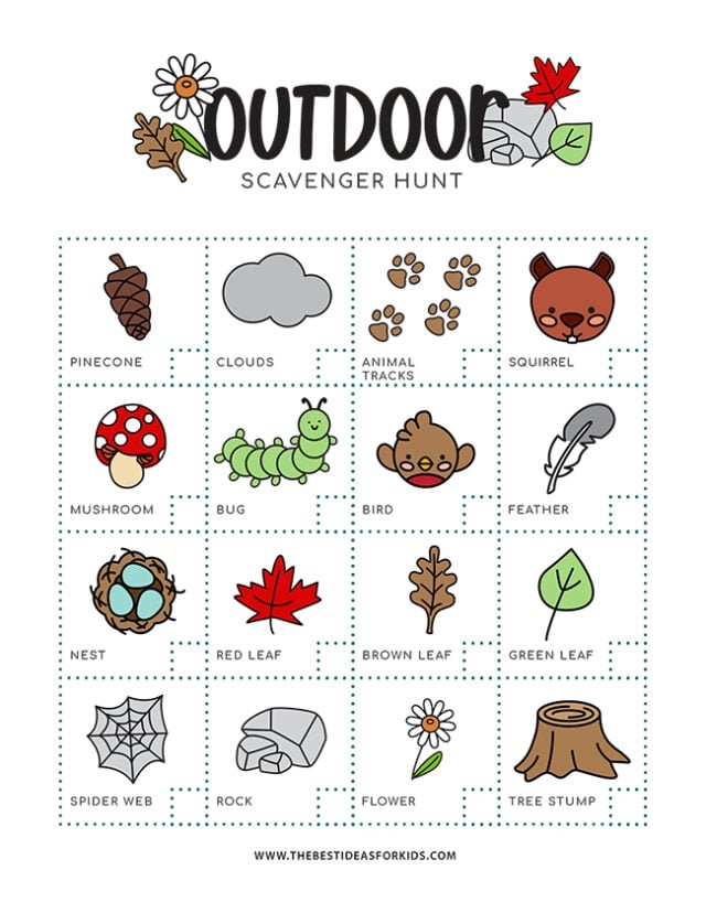 Engaging scavenger hunt activity designed for young naturalists to explore the outdoors Colorful Outdoor Scavenger Hunt worksheet for Pre-K students to enhance observation skills in nature