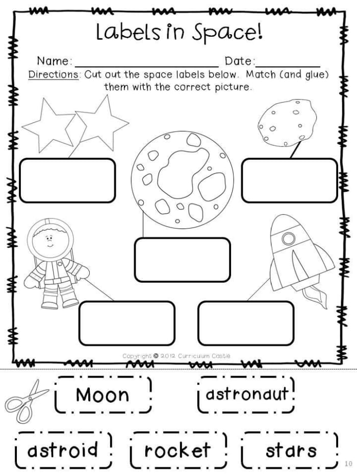 Pre-K math worksheet featuring a cute alien, planets, and a rocket ship for space-themed color by number practice