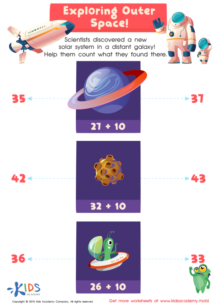 Outer Space Math worksheet featuring fun subtraction problems for Pre-K children