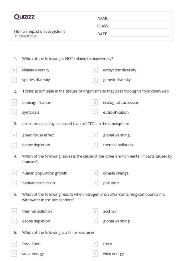 Sixth grade student completing a research worksheet about the environmental consequences of overfishing
