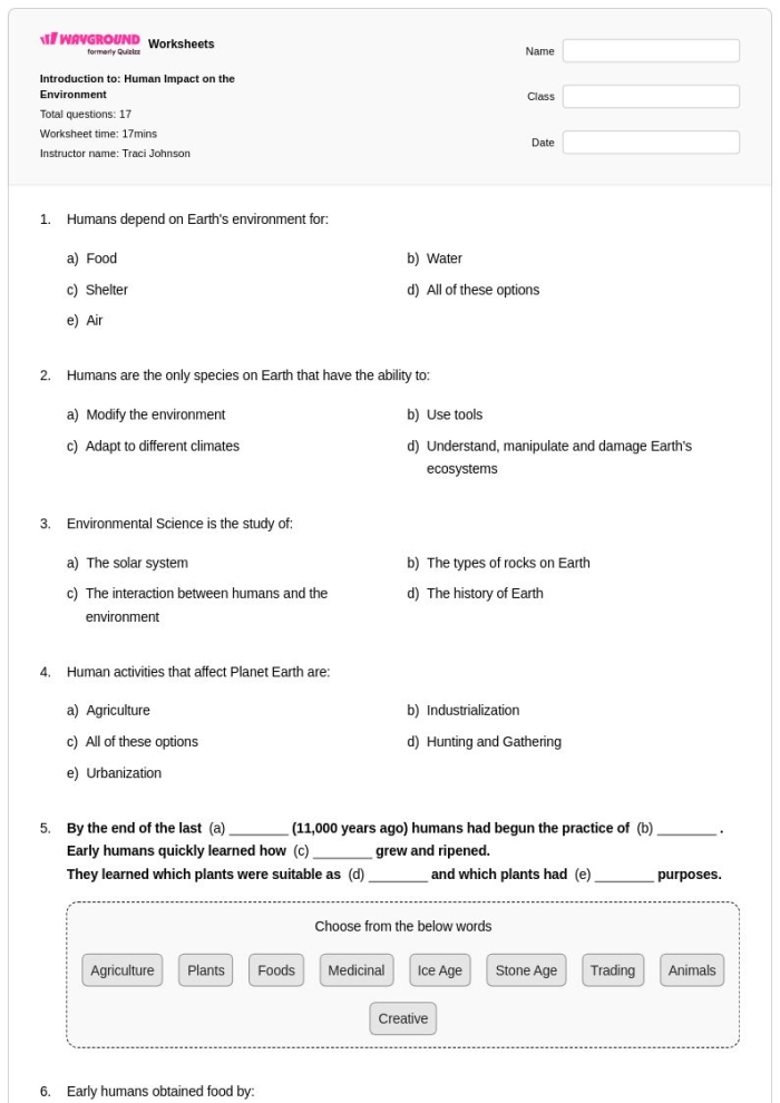 Sixth grade student completing a research worksheet about the environmental consequences of overfishing