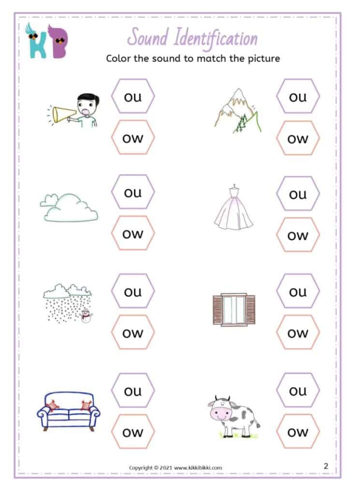 First grade phonics worksheet focusing on the sound of OW and OU for early readers
