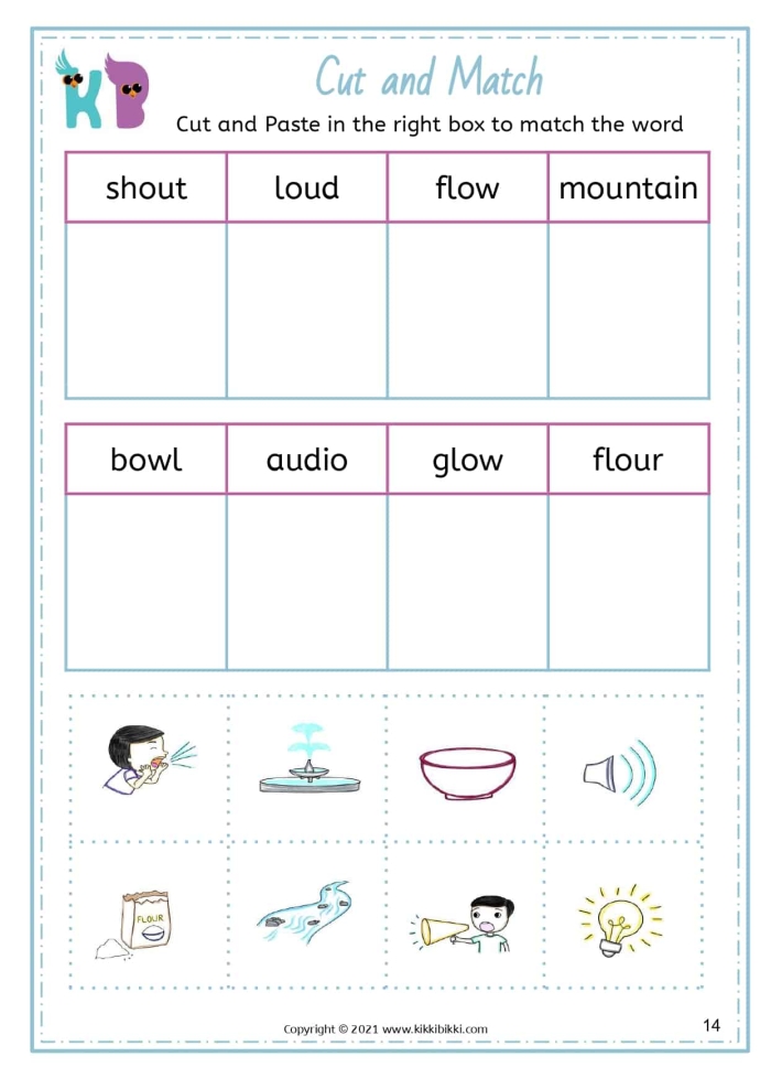 First grade phonics worksheet for practicing OW and OU vowel sounds