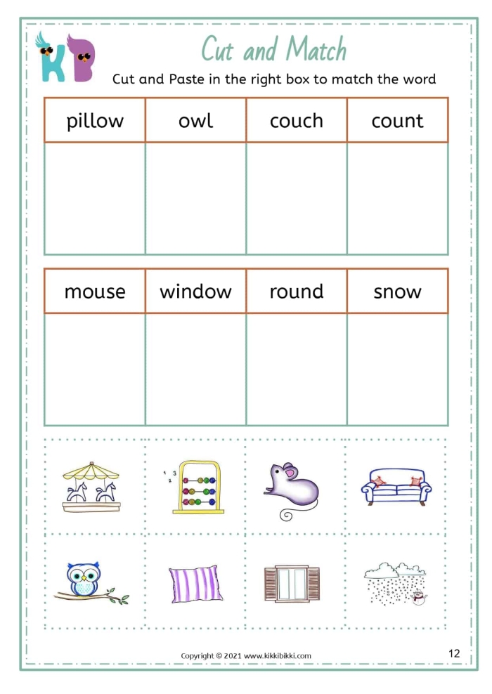 First grade phonics worksheet focusing on the sounds of OW and OU in various words
