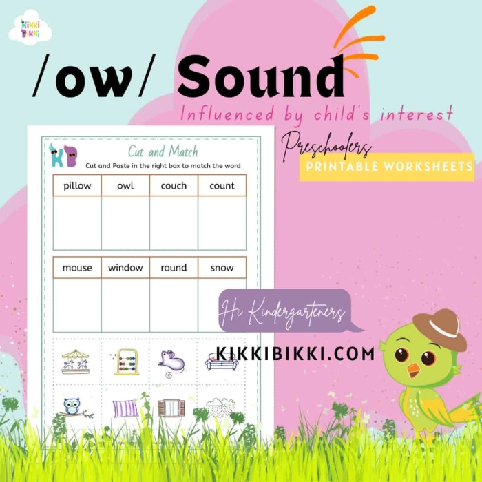 First grade phonics worksheet focusing on the sound of OW and OU spellings