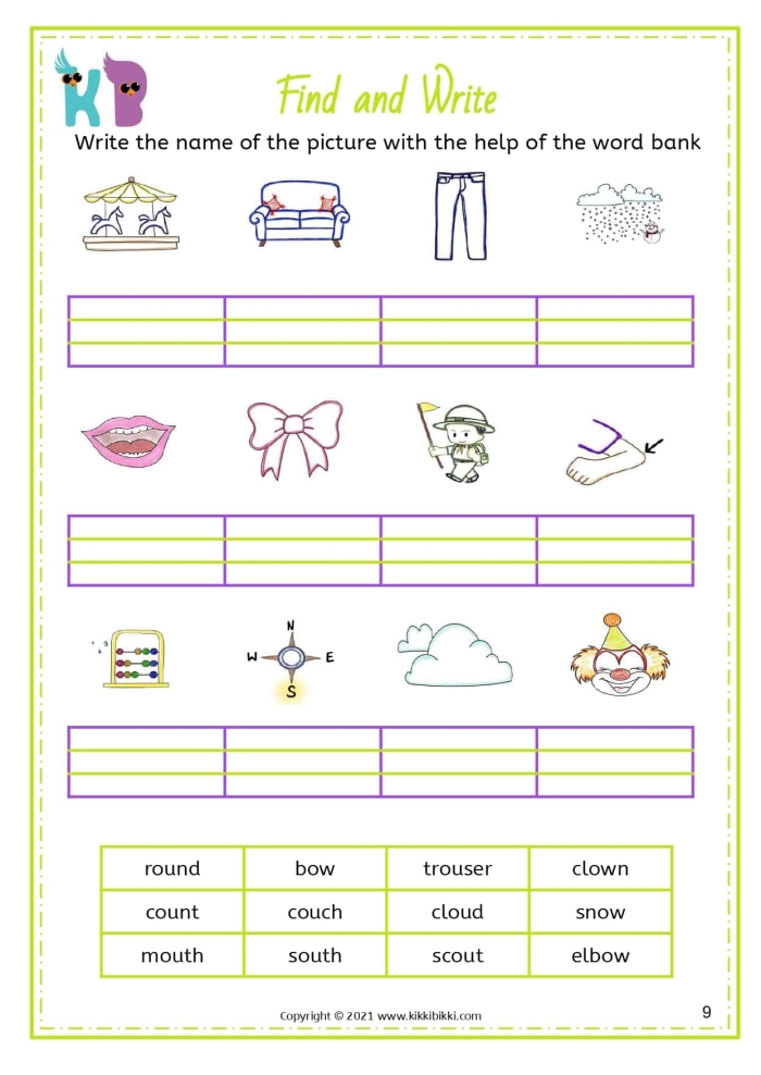 First grade students practice phonics by choosing between OW and OU spellings in this worksheet activity