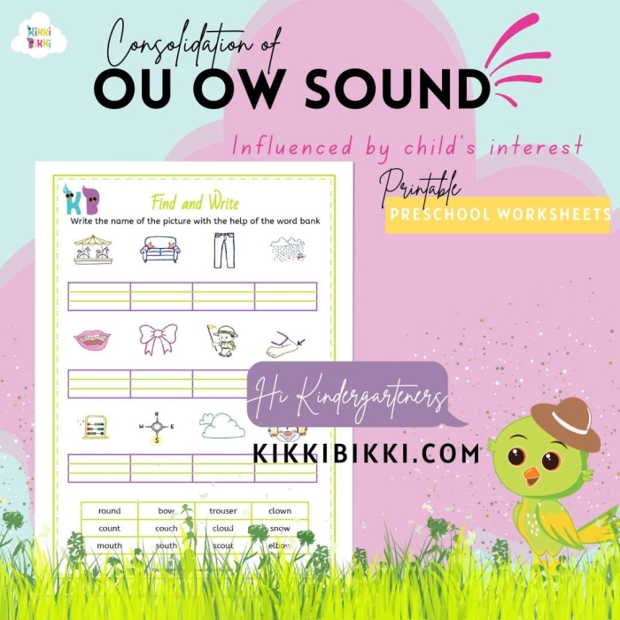 Phonics worksheet for first graders focusing on OU and OW word spelling