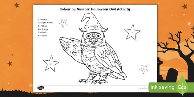 First grade math worksheet featuring a friendly owl design for color-by-number addition practice