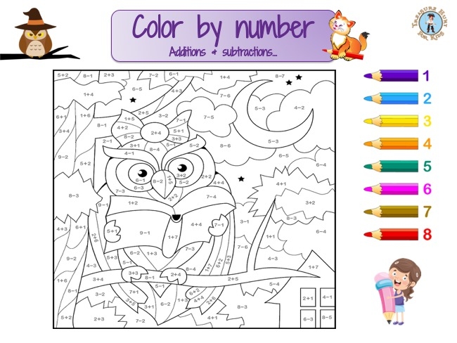First grade student working on an owl color-by-number math addition worksheet