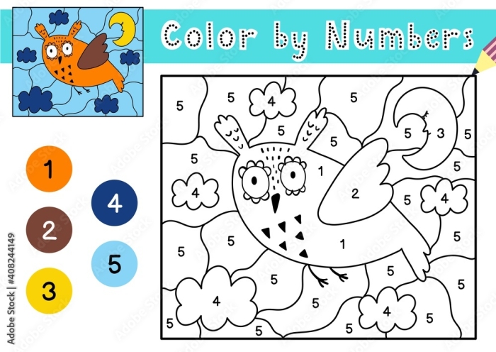 A colorful owl illustration divided into sections labeled with addition math problems for first graders to solve and color by number