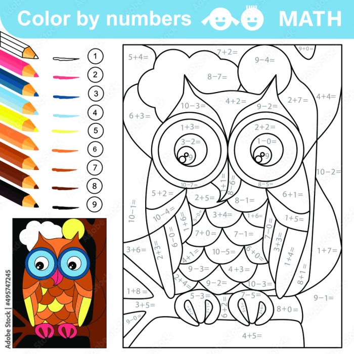 First grade student using an owl themed color by number addition worksheet