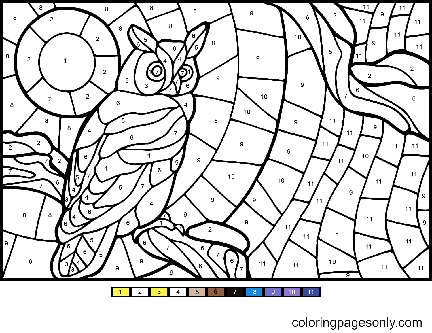 First grade math worksheet featuring a cute owl character to color by number 12