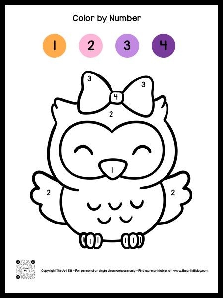 First grade student working on an owl color-by-number math worksheet