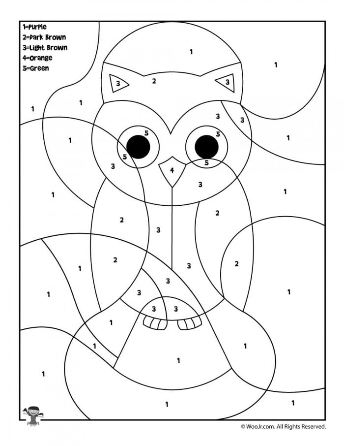 A cartoon owl illustration with numbered sections for first graders to color based on addition math facts