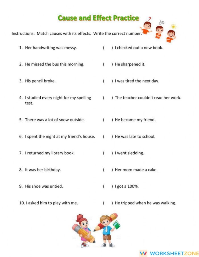 Worksheet illustrating cause and effect relationships for second graders