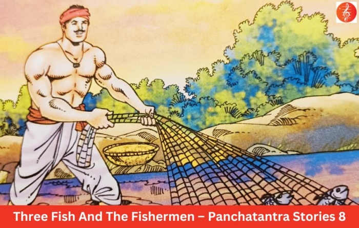 Illustration from the "Panchatantra: The Fish That Were Too Clever" worksheet for kids Worksheet featuring the Panchatantra story about clever fish for fifth-grade multiplication practice
