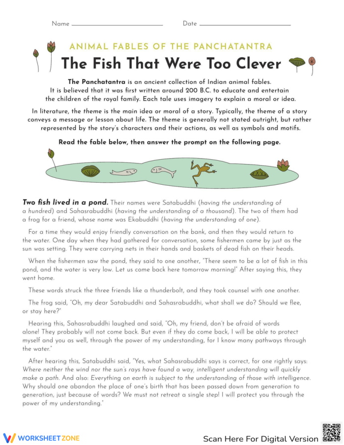 Multiplication worksheet for Fifth Grade Worksheet featuring the Panchatantra story about clever fish for fifth graders. Educational resource for exploring themes in ancient fables.