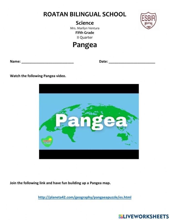 Educational resource exploring the theory of Pangea and continental formation Pangea worksheet featuring key concepts in Earth and Space Science for students