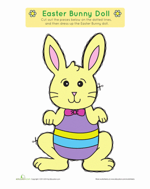 Kindergarten student working on a paper Easter Bunny writing and craft worksheet