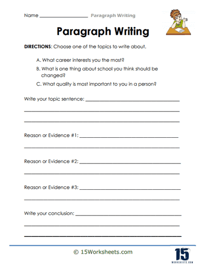 Writing a Paragraph worksheet for second graders featuring topic prompts