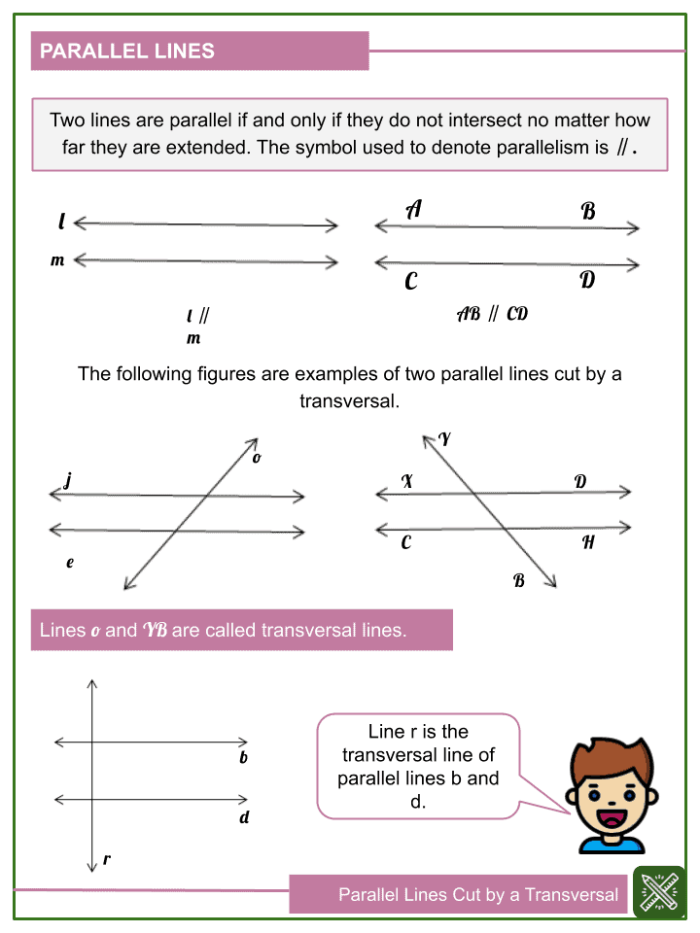 Eighth grade geometry worksheet featuring diagrams of parallel lines intersected by transversals to practice identifying angle pairs