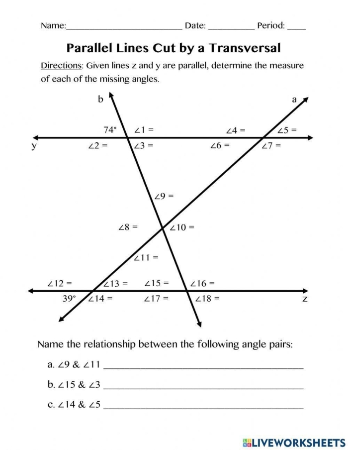 Eighth grade math worksheet showing diagrams of parallel lines intersected by a transversal for angle pair identification