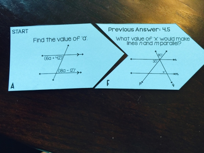 Eighth grade math worksheet showing parallel lines intersected by a transversal with labeled angle pairs