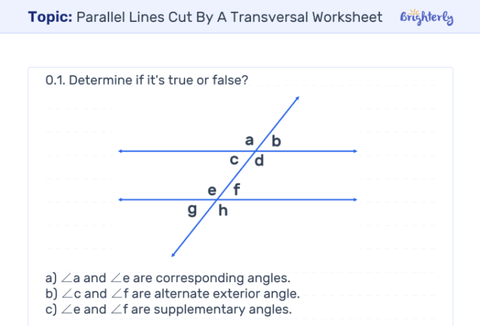 Eighth grade geometry worksheet featuring parallel lines intersected by a transversal for angle pair identification