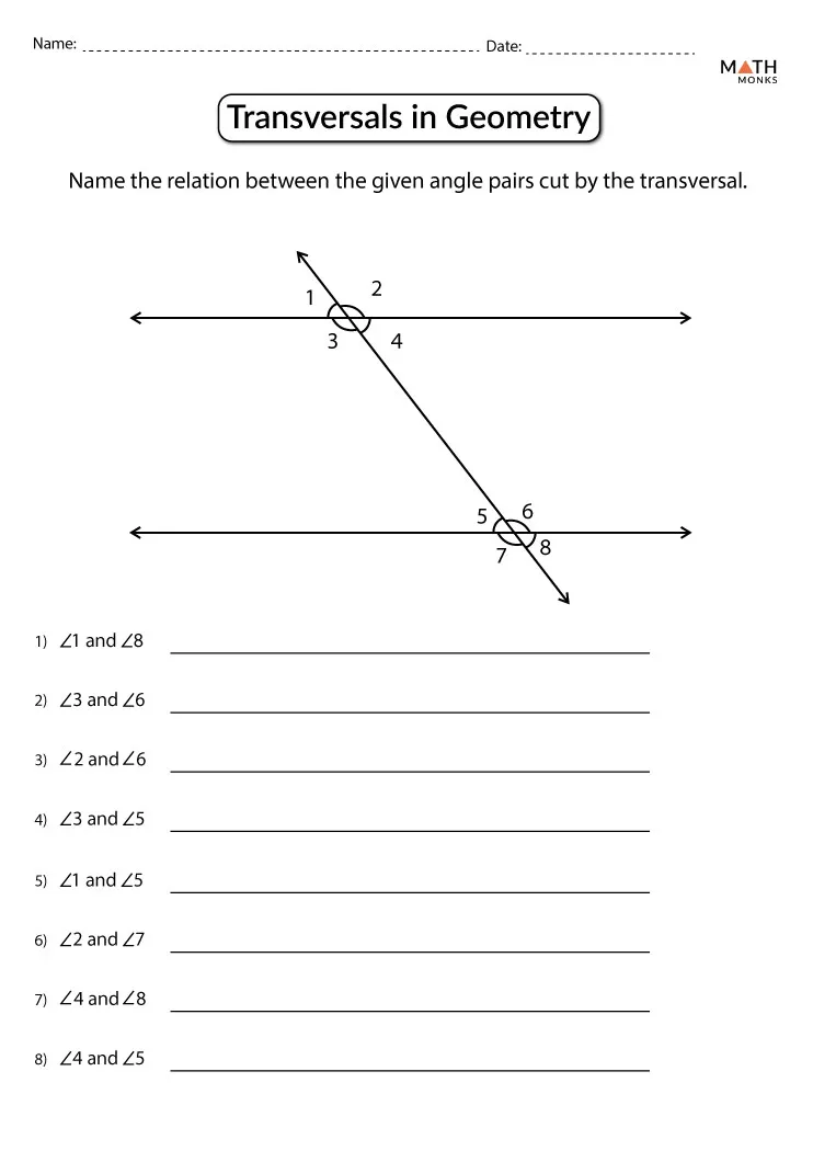 Parallel Lines Cut by a Transversal Angles Worksheet for Grade 8 Eighth grade geometry worksheet showing parallel lines intersected by a transversal line with angle relationships labeled