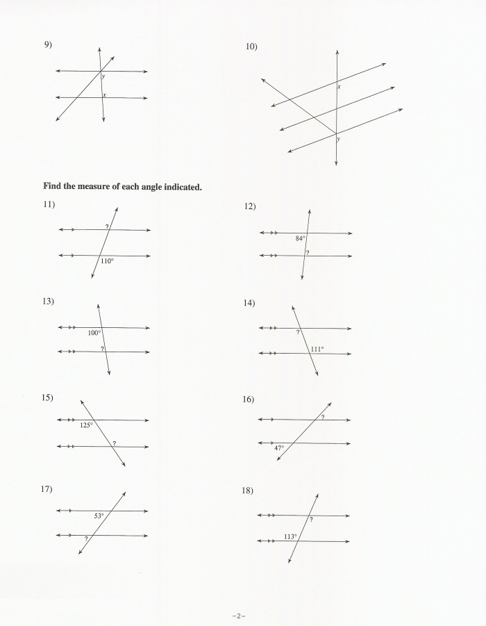 Parallel Lines Cut by a Transversal Practice Problems for Grade 8 Eighth grade geometry worksheet showing parallel lines intersected by a transversal with angle relationships labeled and problems to solve