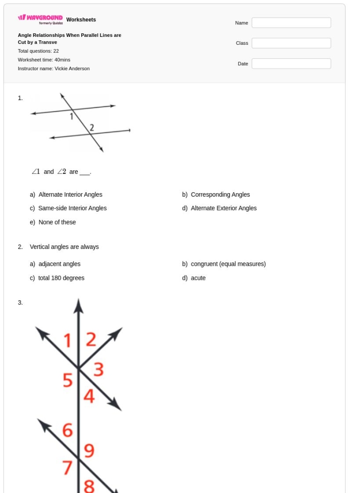 Eighth grade geometry worksheet example illustrating parallel lines intersected by a transversal Diagram showing two parallel lines cut by a transversal with labeled angles demonstrating corresponding and alternate interior angle relationships