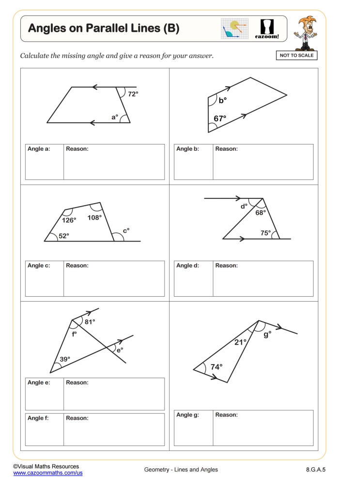 Parallel Lines Cut by a Transversal Practice Problem Set 6 Eighth grade geometry worksheet showing parallel lines intersected by a transversal with angle problems labeled and ready for solving
