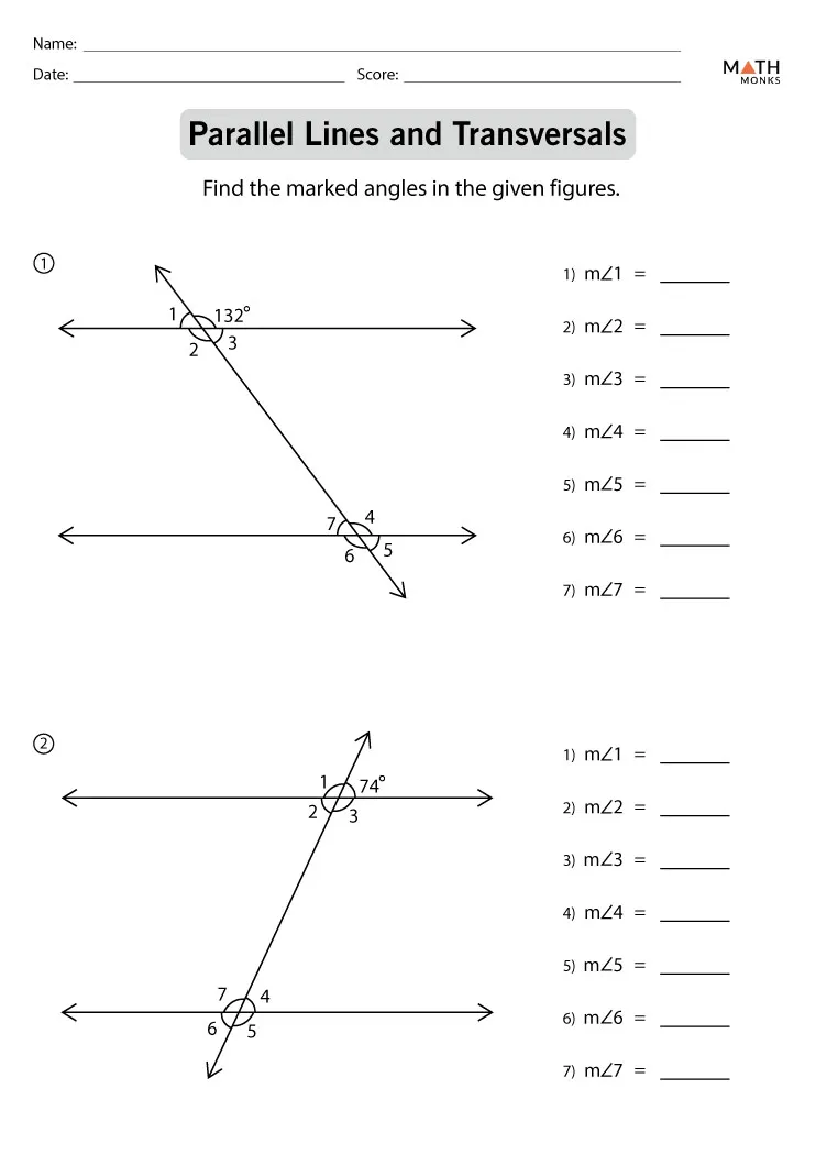 Transversals of Parallel Lines Worksheet Number 23 Eighth grade geometry worksheet featuring diagrams of parallel lines cut by a transversal for angle practice