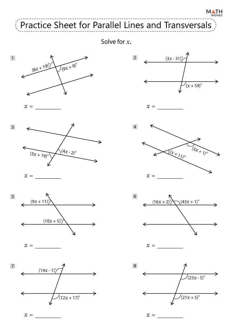 Parallel Lines Cut by a Transversal Angles Practice Sheet Eighth grade geometry worksheet showing parallel lines intersected by a transversal with angle relationships labeled