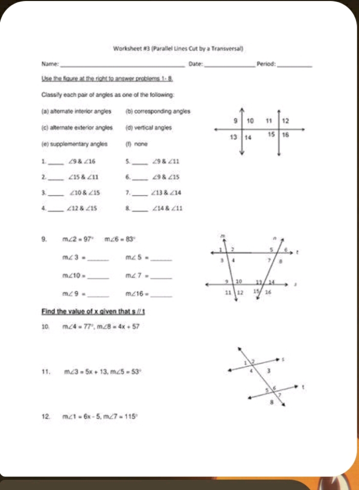 Eighth grade geometry worksheet featuring parallel lines intersected by a transversal for angle pair identification