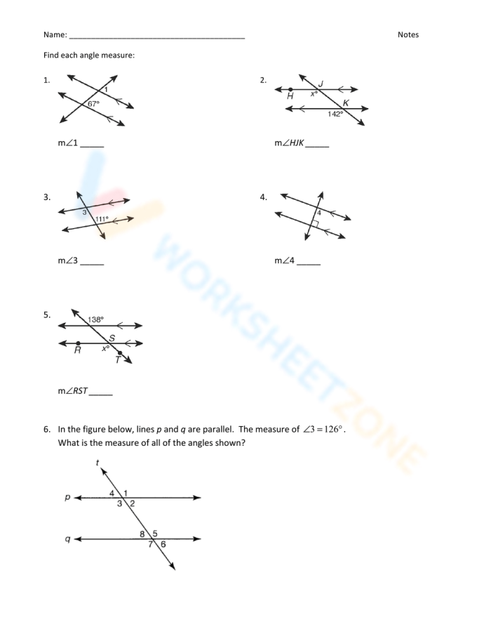 Worksheet illustrating parallel lines intersected by a transversal, designed for eighth-grade algebra students