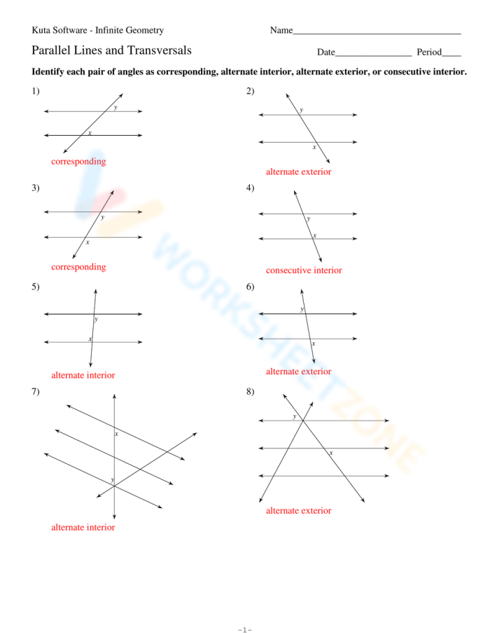 Eighth-grade geometry worksheet focusing on parallel lines and transversals with angle pair identification. Worksheet on parallel lines cut by a transversal for eighth-grade algebra students.