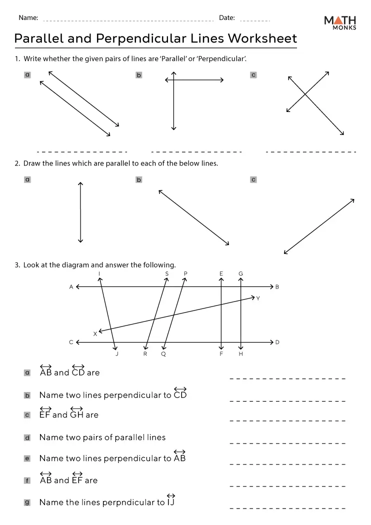 Parallel and Perpendicular Lines Practice Activity 19 Fourth grade geometry worksheet showing examples of parallel and perpendicular lines for students to identify and practice