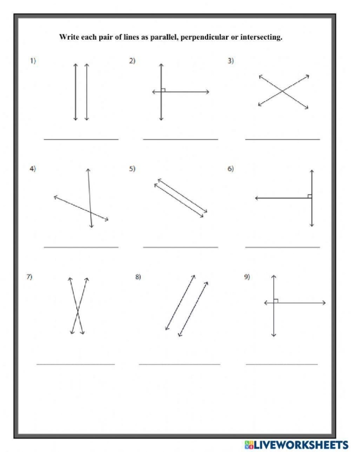Parallel and Perpendicular Lines Geometry Worksheet for Elementary Students Fourth grade worksheet showing examples of parallel and perpendicular lines for geometry practice