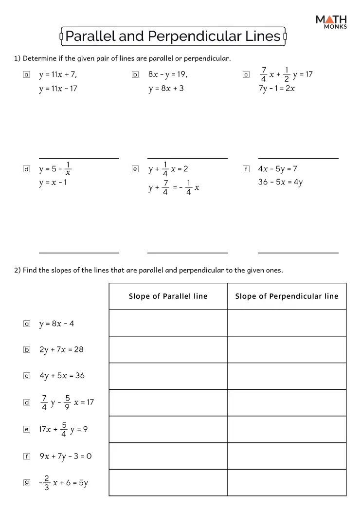 Parallel and Perpendicular Lines Geometry Worksheet for Grade 4 Fourth grade geometry worksheet featuring exercises on parallel and perpendicular lines