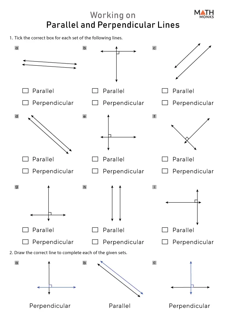 Parallel and Perpendicular Lines Geometry Worksheet 20 Fourth grade geometry worksheet featuring exercises on identifying parallel and perpendicular lines